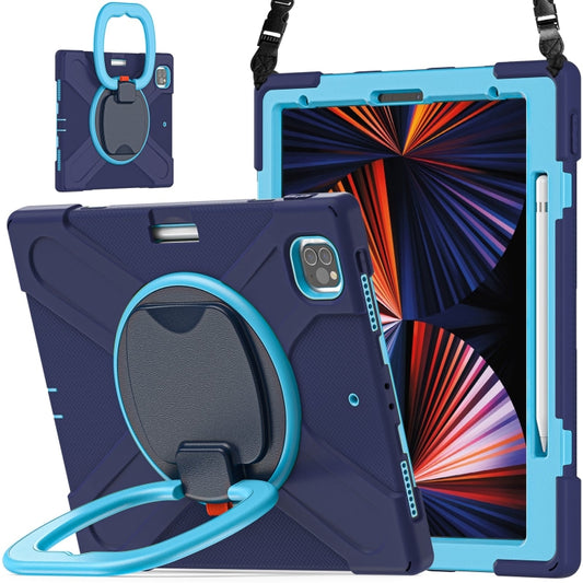 For iPad Pro 12.9 2022 / 2021 Silicone + PC Protective Tablet Case with Holder & Shoulder Strap(Navy Blue + Blue) by buy2fix