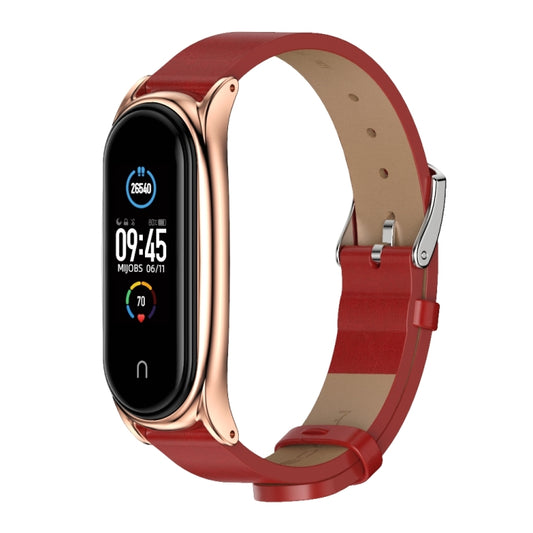 For Xiaomi Mi Band 6 / 5 / 4 / 3 Mijobs Metal Case Crazy Horse Texture PU Microfiber Plus Watch Band(Red Rose Gold) by MIJOBS
