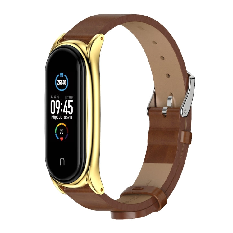 For Xiaomi Mi Band 6 / 5 / 4 / 3 Mijobs Metal Case Crazy Horse Texture PU Microfiber Plus Watch Band(Brown Gold) - Watch Bands by MIJOBS | Online Shopping UK | buy2fix