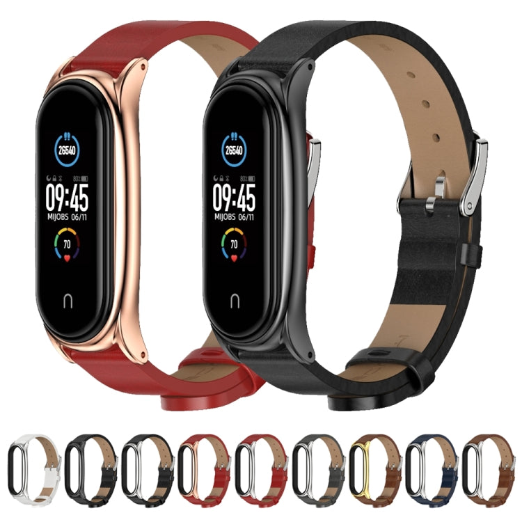 For Xiaomi Mi Band 6 / 5 / 4 / 3 Mijobs Metal Case Crazy Horse Texture PU Microfiber Plus Watch Band(Brown Silver) by MIJOBS