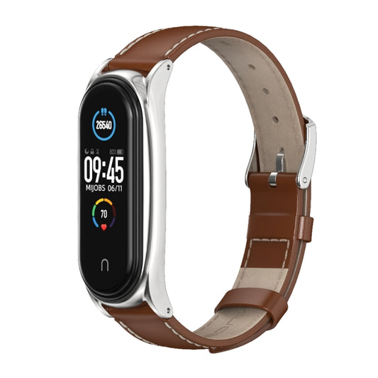 For Xiaomi Mi Band 6 / 5 / 4 / 3 Mijobs First Layer Cowhide Plus Watch Band(Brown Silver) by MIJOBS