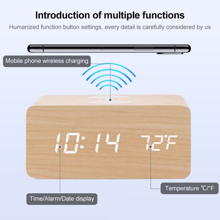 KD8801 5W Wooden Creative Wireless Charger LED Mirror Digital Display Sub-alarm Clock, Regular Style(White Wood White Characters) - Wireless Charger by buy2fix | Online Shopping UK | buy2fix