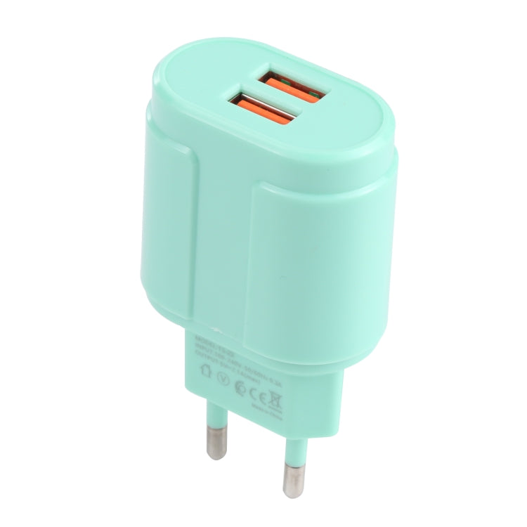 13-22 2.1A Dual USB Macarons Travel Charger, EU Plug(Green) - USB Charger by buy2fix | Online Shopping UK | buy2fix