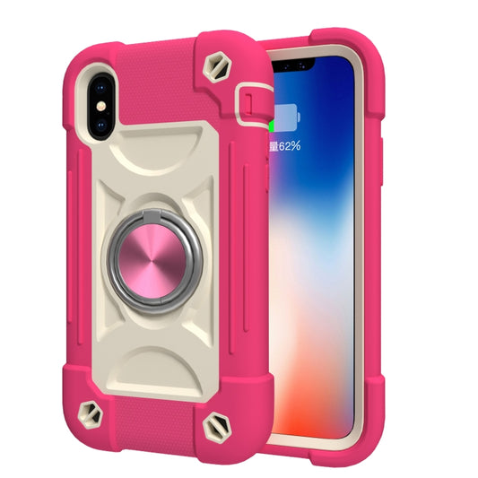 For iPhone X / XS Shockproof Silicone + PC Protective Case with Dual-Ring Holder(Rose Red) by buy2fix
