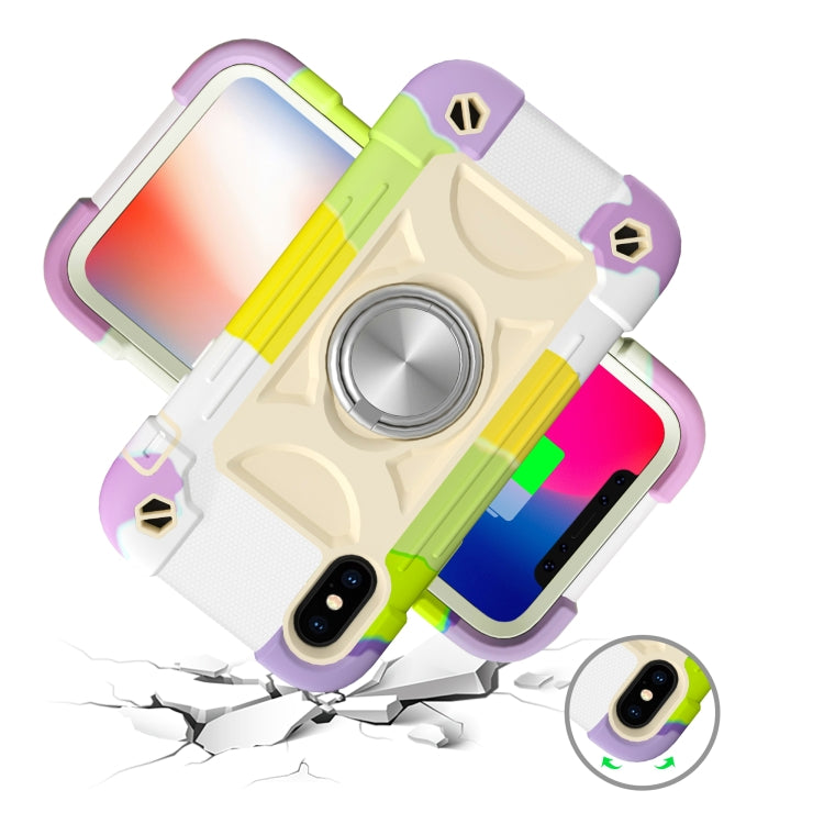 For iPhone X / XS Shockproof Silicone + PC Protective Case with Dual-Ring Holder(Colorful Beige) by buy2fix