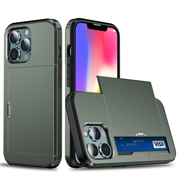 For iPhone 13 Shockproof Armor Protective Case with Slide Card Slot(Army Green) - iPhone 13 Cases by buy2fix | Online Shopping UK | buy2fix