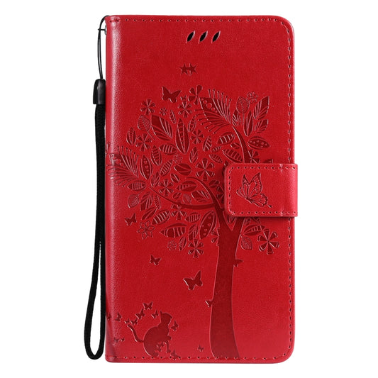 For OnePlus 9 Pro Tree & Cat Pattern Pressed Printing Horizontal Flip PU Leather Case with Holder & Card Slots & Wallet & Lanyard(Red) by buy2fix