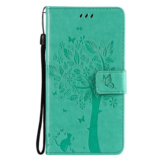 For OnePlus 9 Pro Tree & Cat Pattern Pressed Printing Horizontal Flip PU Leather Case with Holder & Card Slots & Wallet & Lanyard(Green) by buy2fix