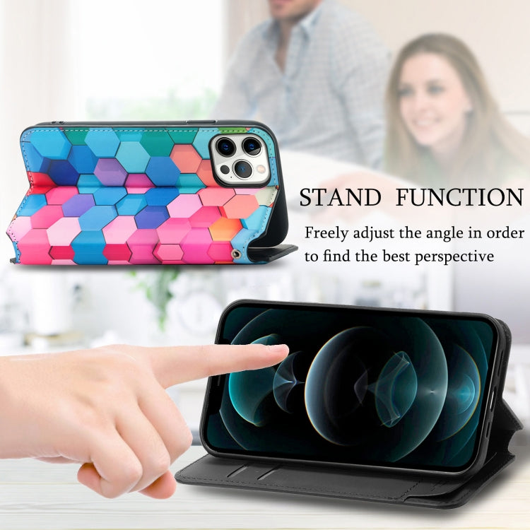 For iPhone 12 / 12 Pro Colored Drawing Magnetic Horizontal Flip PU Leather Case with Holder & Card Slots & Wallet(Color Honeycomb) by buy2fix