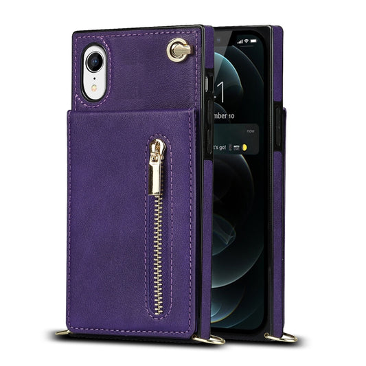 For iPhone XR Cross-body Zipper Square TPU+PU Back Cover Case with Holder & Card Slots & Wallet & Strap(Purple) by buy2fix