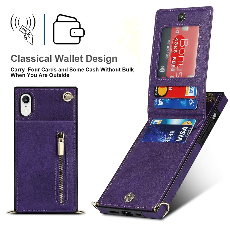 For iPhone XR Cross-body Zipper Square TPU+PU Back Cover Case with Holder & Card Slots & Wallet & Strap(Purple) - More iPhone Cases by buy2fix | Online Shopping UK | buy2fix