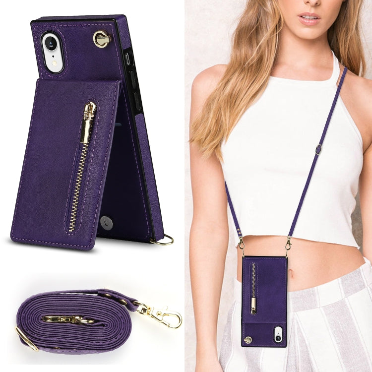 For iPhone XR Cross-body Zipper Square TPU+PU Back Cover Case with Holder & Card Slots & Wallet & Strap(Purple) - More iPhone Cases by buy2fix | Online Shopping UK | buy2fix