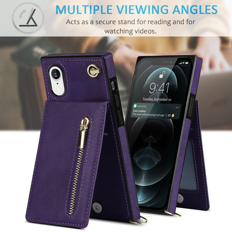 For iPhone XR Cross-body Zipper Square TPU+PU Back Cover Case with Holder & Card Slots & Wallet & Strap(Purple) - More iPhone Cases by buy2fix | Online Shopping UK | buy2fix