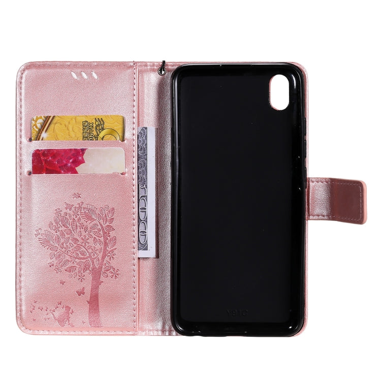 For vivo Y1s / Y90 / Y91C Tree & Cat Embossing Pattern Horizontal Flip PU Leather Case with Holder & Card Slots & Wallet & Lanyard(Rose Gold) - vivo Cases by buy2fix | Online Shopping UK | buy2fix