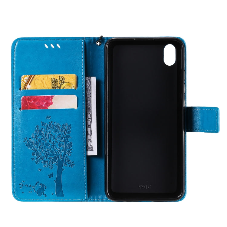 For vivo Y1s / Y90 / Y91C Tree & Cat Embossing Pattern Horizontal Flip PU Leather Case with Holder & Card Slots & Wallet & Lanyard(Blue) - vivo Cases by buy2fix | Online Shopping UK | buy2fix