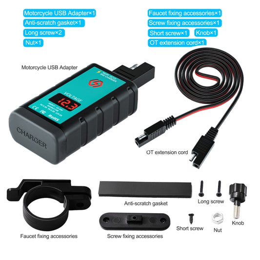 WUPP ZH-1422B2 DC12-24V Motorcycle Square Single USB + PD Fast Charging Charger with Switch + Voltmeter + Integrated SAE Socket + 1m SAE Socket Cable by WUPP
