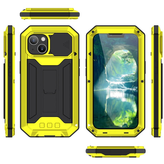 For iPhone 13 mini R-JUST Sliding Camera Shockproof Life Waterproof Dust-proof Metal + Silicone Protective Case with Holder (Yellow) - iPhone 13 mini Cases by R-JUST | Online Shopping UK | buy2fix