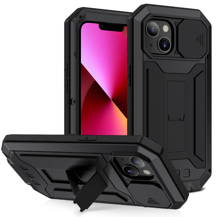 For iPhone 13 R-JUST Sliding Camera Shockproof Life Waterproof Dust-proof Metal + Silicone Protective Case with Holder(Black) - iPhone 13 Cases by R-JUST | Online Shopping UK | buy2fix