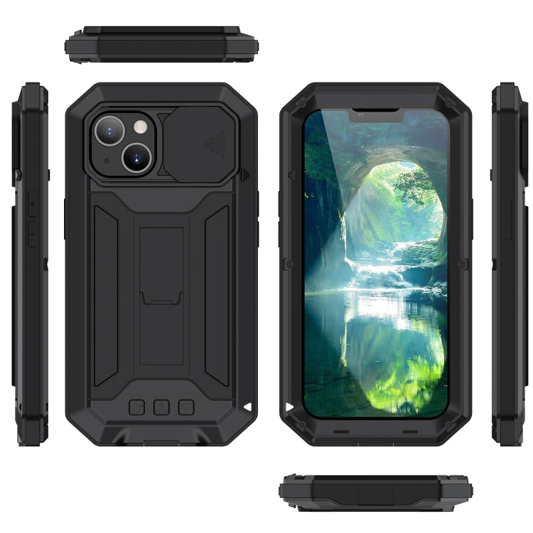 For iPhone 13 R-JUST Sliding Camera Shockproof Life Waterproof Dust-proof Metal + Silicone Protective Case with Holder(Black) - iPhone 13 Cases by R-JUST | Online Shopping UK | buy2fix
