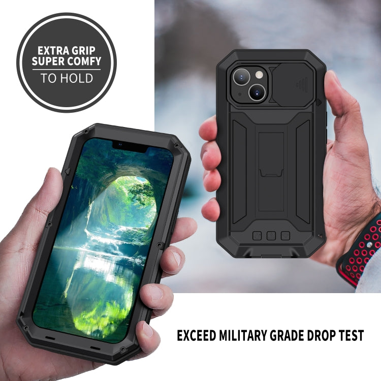 For iPhone 13 R-JUST Sliding Camera Shockproof Life Waterproof Dust-proof Metal + Silicone Protective Case with Holder(Black) - iPhone 13 Cases by R-JUST | Online Shopping UK | buy2fix