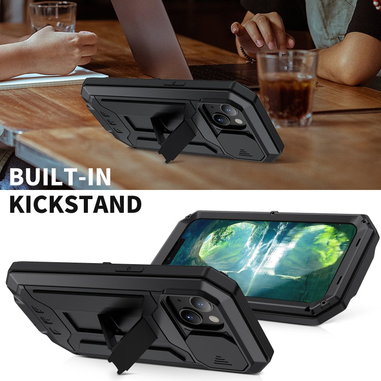 For iPhone 13 R-JUST Sliding Camera Shockproof Life Waterproof Dust-proof Metal + Silicone Protective Case with Holder(Black) - iPhone 13 Cases by R-JUST | Online Shopping UK | buy2fix