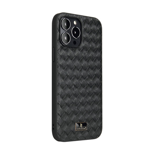 For iPhone 13 Pro Fierre Shann Leather Texture Phone Back Cover Case (Woven Black) by FIERRE SHANN