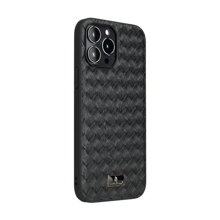 For iPhone 13 Pro Max Fierre Shann Leather Texture Phone Back Cover Case (Woven Black) - iPhone 13 Pro Max Cases by FIERRE SHANN | Online Shopping UK | buy2fix