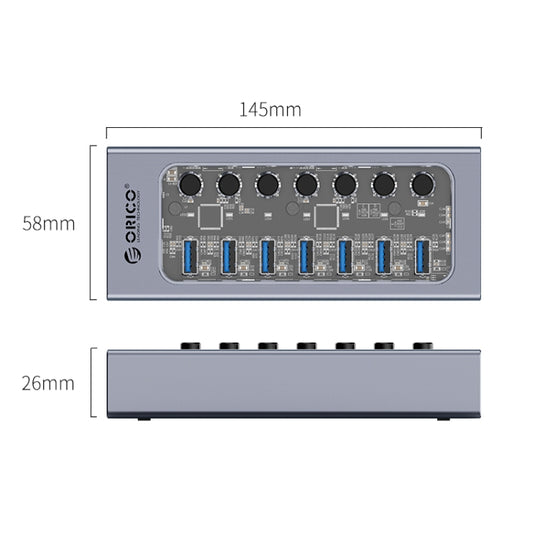 ORICO AT2U3-7AB-GY-BP 7 In 1 Aluminum Alloy Multi-Port USB HUB with Individual Switches, US Plug by ORICO