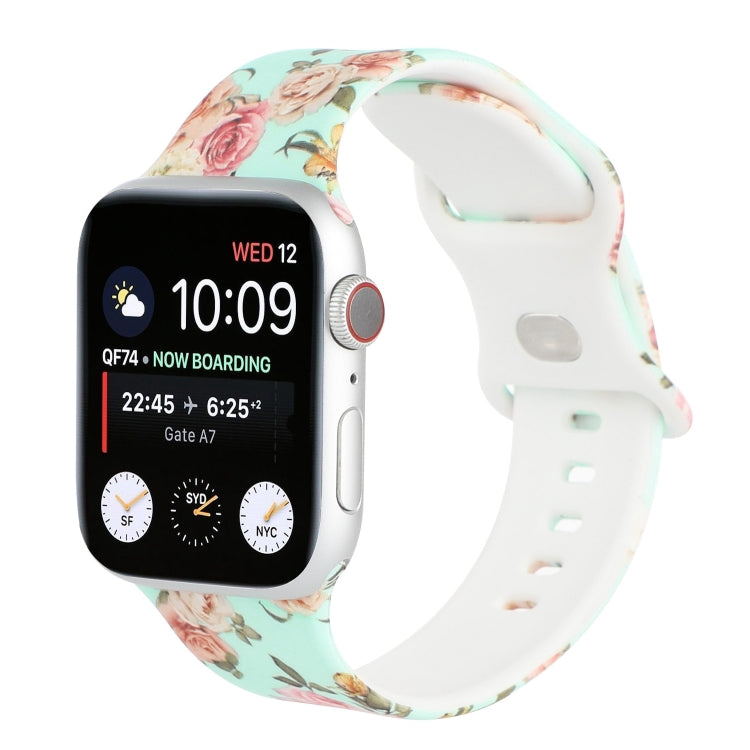 8-buckle Printed Strap Watch Band For Apple Watch Series 9&8&7 41mm / SE 3&SE 2&6&SE&5&4 40mm / 3&2&1 38mm(Green Background Rose) - Watch Bands by buy2fix | Online Shopping UK | buy2fix