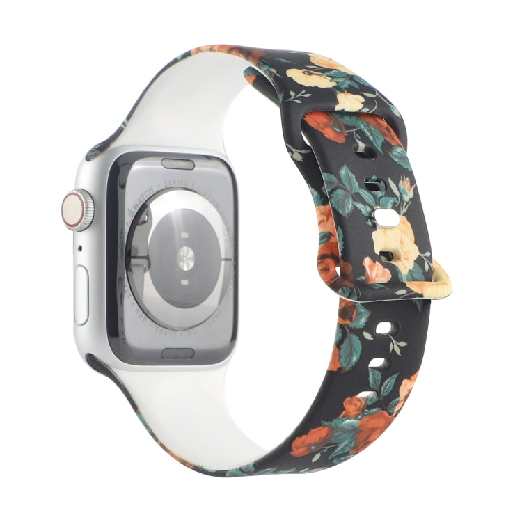8-buckle Printed Strap Watch Band For Apple Watch Series 9&8&7 41mm / SE 3&SE 2&6&SE&5&4 40mm / 3&2&1 38mm(Black Background Rose) - Watch Bands by buy2fix | Online Shopping UK | buy2fix