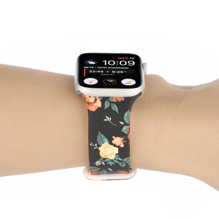 8-buckle Printed Strap Watch Band For Apple Watch Series 9&8&7 41mm / SE 3&SE 2&6&SE&5&4 40mm / 3&2&1 38mm(Black Background Rose) - Watch Bands by buy2fix | Online Shopping UK | buy2fix