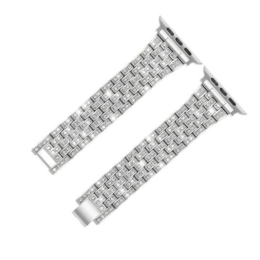 Five-beads Diamond Steel Watch Band For Apple Watch Series 9&8&7 41mm / SE 3&SE 2&6&SE&5&4 40mm / 3&2&1 38mm(Silver) by buy2fix