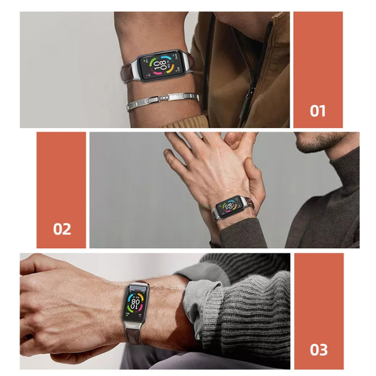 For Huawei Band 6 / Honor Band 6 / 7 MIJOBS Cowhide Leather Watch Band(Bamboo Joint Coffee Silver) by MIJOBS