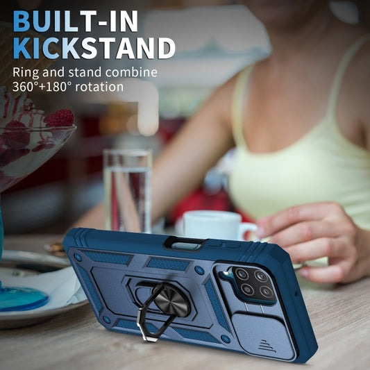 For Samsung Galaxy A12 Sliding Camera Cover Design TPU + PC Protective Case with 360 Degree Rotating Holder & Card Slot(Blue+Blue) by buy2fix