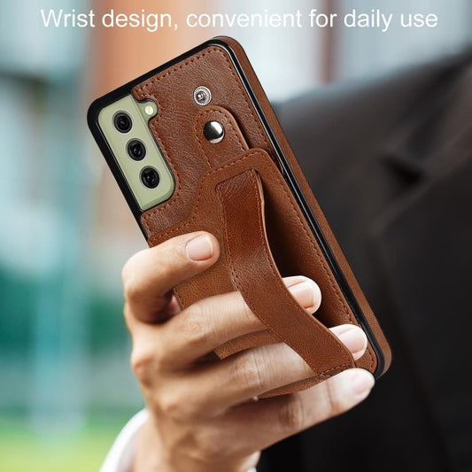 For Samsung Galaxy S21 FE Crazy Horse Texture Shockproof TPU + PU Leather Case with Card Slot & Wrist Strap Holder(Brown) by buy2fix