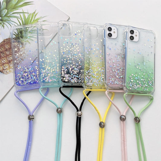 For iPhone 11 Pro Max Gradient Glitter Powder Epoxy TPU Thickened Acrylic Shockproof Case with Round Neck Lanyard (Pink) by buy2fix
