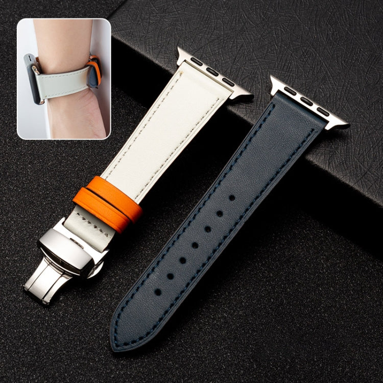 Butterfly Clasp Top Layer Cowhide Leather Strap Watch Band For Apple Watch Ultra 49mm&Watch Ultra 2 49mm / Series 9&8&7 45mm / SE 3&SE 2&6&SE&5&4 44mm / 3&2&1 42mm(Dark Blue) - Watch Bands by buy2fix | Online Shopping UK | buy2fix