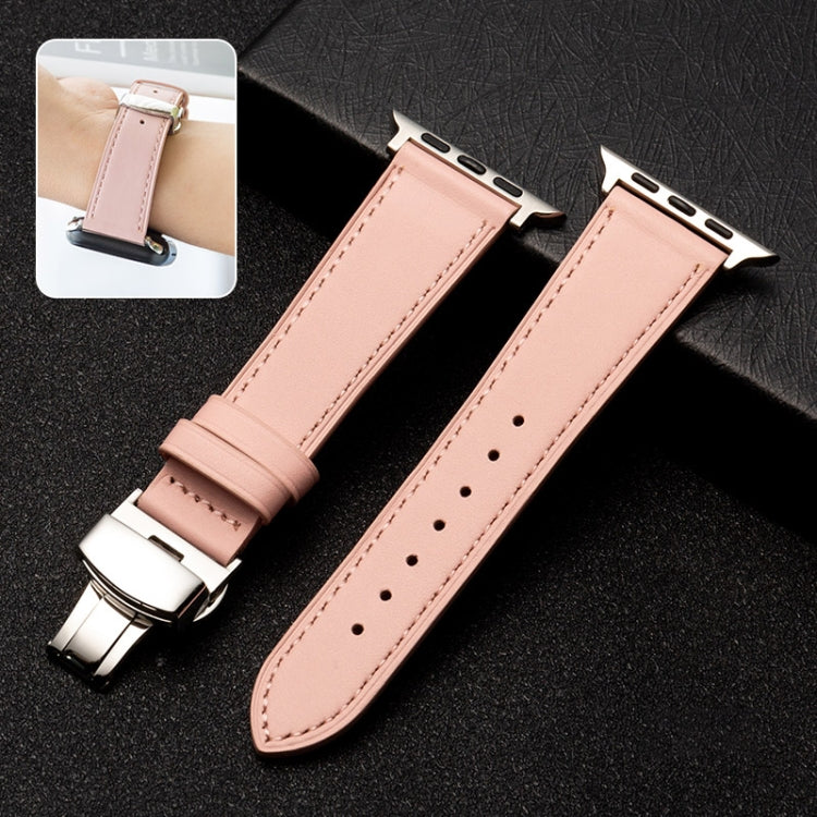 Butterfly Clasp Top Layer Cowhide Leather Strap Watch Band For Apple Watch Ultra 49mm&Watch Ultra 2 49mm / Series 9&8&7 45mm / SE 3&SE 2&6&SE&5&4 44mm / 3&2&1 42mm(Pink) - Watch Bands by buy2fix | Online Shopping UK | buy2fix