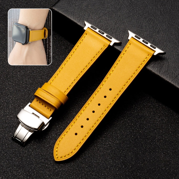Butterfly Clasp Top Layer Cowhide Leather Strap Watch Band For Apple Watch Ultra 49mm&Watch Ultra 2 49mm / Series 9&8&7 45mm / SE 3&SE 2&6&SE&5&4 44mm / 3&2&1 42mm(Yellow) - Watch Bands by buy2fix | Online Shopping UK | buy2fix