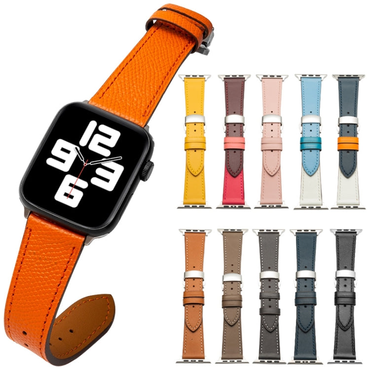 Butterfly Clasp Top Layer Cowhide Leather Strap Watch Band For Apple Watch Ultra 49mm&Watch Ultra 2 49mm / Series 9&8&7 45mm / SE 3&SE 2&6&SE&5&4 44mm / 3&2&1 42mm(Dark Blue) - Watch Bands by buy2fix | Online Shopping UK | buy2fix