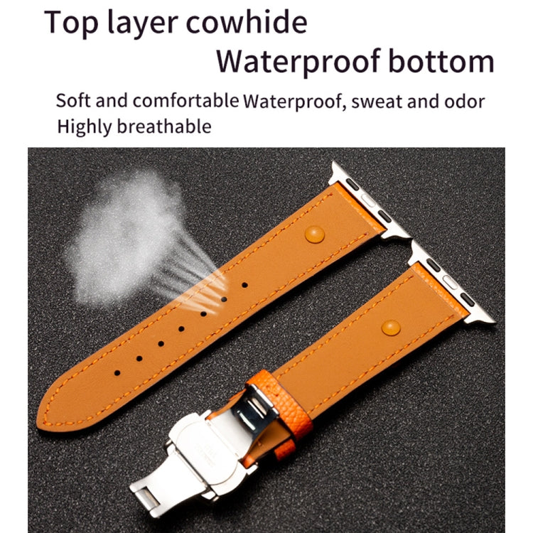 Butterfly Clasp Top Layer Cowhide Leather Strap Watch Band For Apple Watch Ultra 49mm&Watch Ultra 2 49mm / Series 9&8&7 45mm / SE 3&SE 2&6&SE&5&4 44mm / 3&2&1 42mm(Dark Blue) - Watch Bands by buy2fix | Online Shopping UK | buy2fix