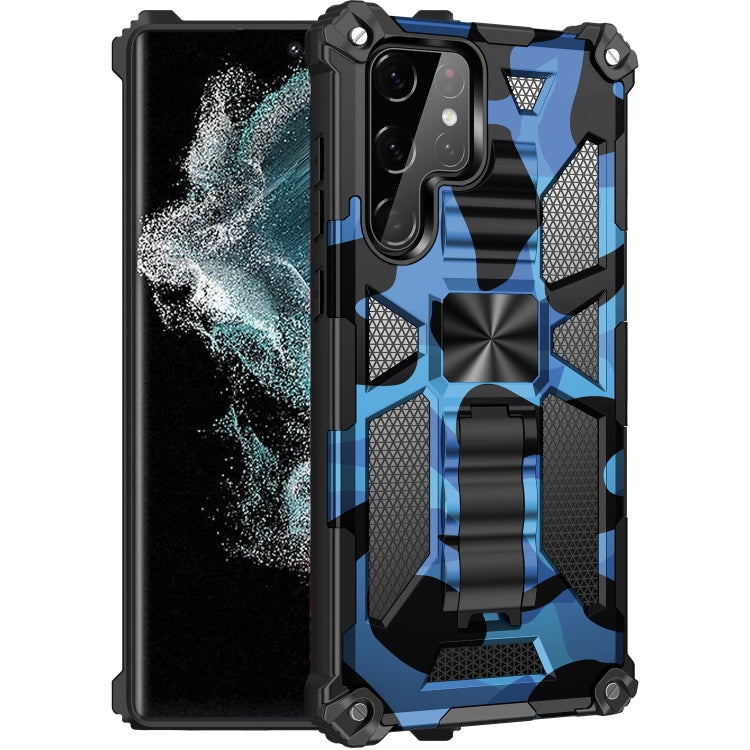 For Samsung Galaxy S22 Ultra 5G Camouflage Armor Shockproof TPU + PC Magnetic Protective Phone Case with Holder(Dark Blue) - Galaxy S22 Ultra 5G Cases by buy2fix | Online Shopping UK | buy2fix