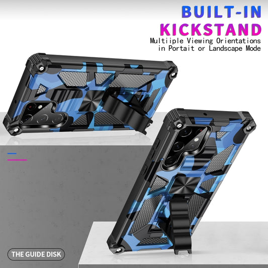 For Samsung Galaxy S22 Ultra 5G Camouflage Armor Shockproof TPU + PC Magnetic Protective Phone Case with Holder(Dark Blue) by buy2fix