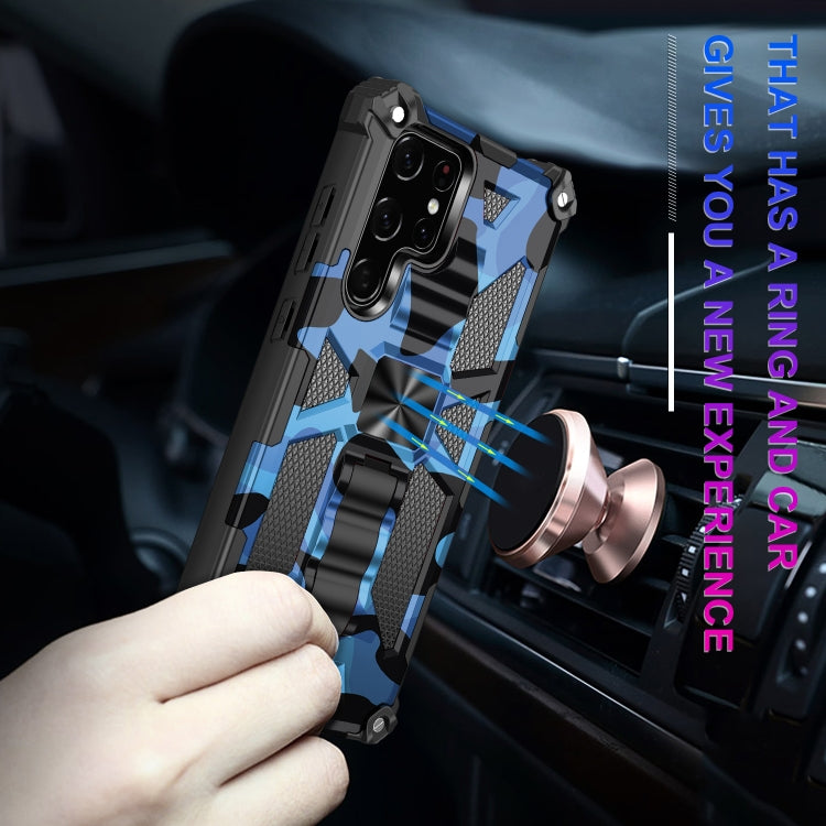 For Samsung Galaxy S22 Ultra 5G Camouflage Armor Shockproof TPU + PC Magnetic Protective Phone Case with Holder(Dark Blue) - Galaxy S22 Ultra 5G Cases by buy2fix | Online Shopping UK | buy2fix