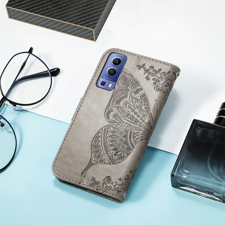 For vivo Y72 5G Butterfly Love Flowers Embossed Horizontal Flip Leather Case with Holder & Card Slots & Wallet & Lanyard(Grey) by buy2fix