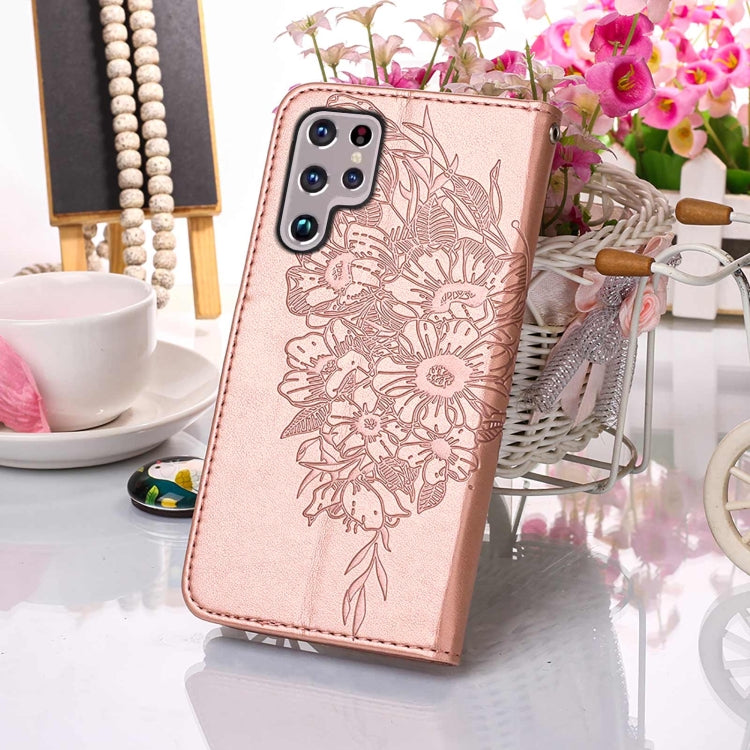 For Samsung Galaxy S22 Ultra 5G Embossed Butterfly Leather Phone Case with Holder & Card Slot & Wallet & Lanyard(Rose Gold) by buy2fix