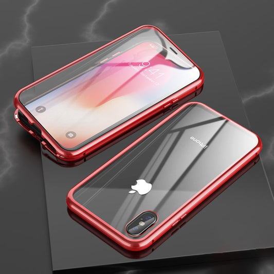 For iPhone XR Ultra Slim Double Sides Magnetic Adsorption Angular Frame Tempered Glass Magnet Flip Case(Red) - More iPhone Cases by buy2fix | Online Shopping UK | buy2fix