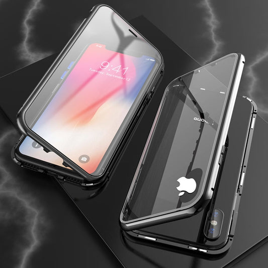 For iPhone XS Max Ultra Slim Double Sides Magnetic Adsorption Angular Frame Tempered Glass Magnet Flip Case(Black) by buy2fix