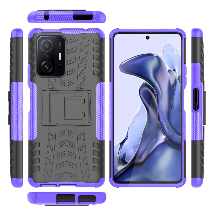 For Xiaomi Mi 11T Tire Texture TPU + PC Phone Case with Holder(Purple) by buy2fix