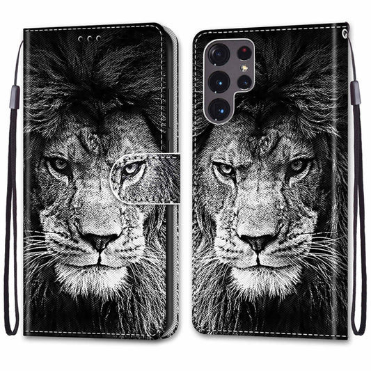 For Samsung Galaxy S22 Ultra 5G Coloured Drawing Cross Texture Horizontal Flip PU Phone Leather Case with Holder & Card Slots & Wallet & Lanyard(Colorful Layer(Black and White Lion Head) by buy2fix